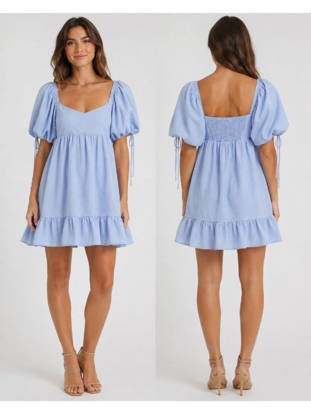 Wild Fable Light Blue Puff Sleeve Mini Dress W/Smocked Back & Ruffle Hem Large
